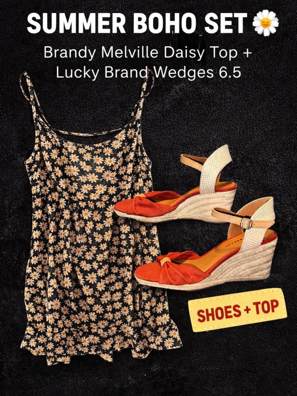 Summer Boho Set Brandy Melville Daisy Top + Lucky Brand Wedges 6.5
